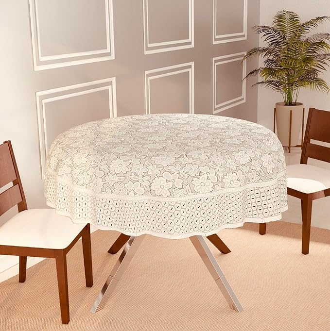 Dakshya Industries Round Table Cover, 72 Inch Diameter 6-8 Seater Floral Polycotton Dining Table Cover (Cream)-image-22