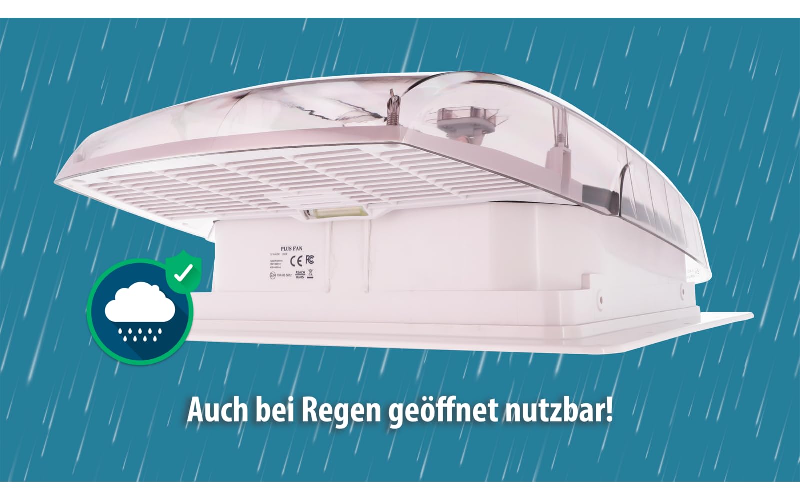 BERGER Dachluke Wohnwagen 40x40 mit 12V Ventilationssystem und Regenschutz | Dachfenster Wohnmobil, geräuscharm und stoßfest | inkl. Beleuchtung & Fernbedienung (rauch)