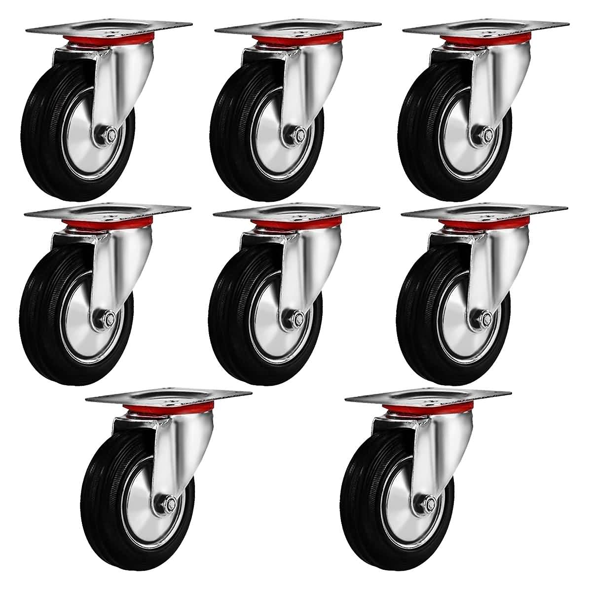 8 Pack 3 Swivel Caster Wheels Rubber Base with Top Plate & Bearing Heavy Duty