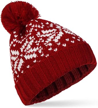 Women Winter Knitted Cap Beanie Soft Warm Hat with Red Snowflake