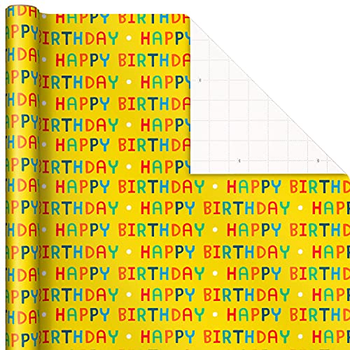 Hallmark Kids Birthday Wrapping Paper (3 Rolls: 75 Sq. Ft. Ttl) Pink Rainbows, Blue Dinosaurs, Yellow "Happy Birthday" #TOP4