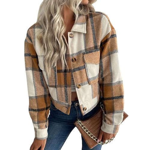 Runstarshow Women's Khaki Shacket Cropped Plaid Jacket Checked Shirts Button Down Long Sleeve Casual Short Coat Fall Spring Clothes For Teen Girls Adults S-Xl / 6-16