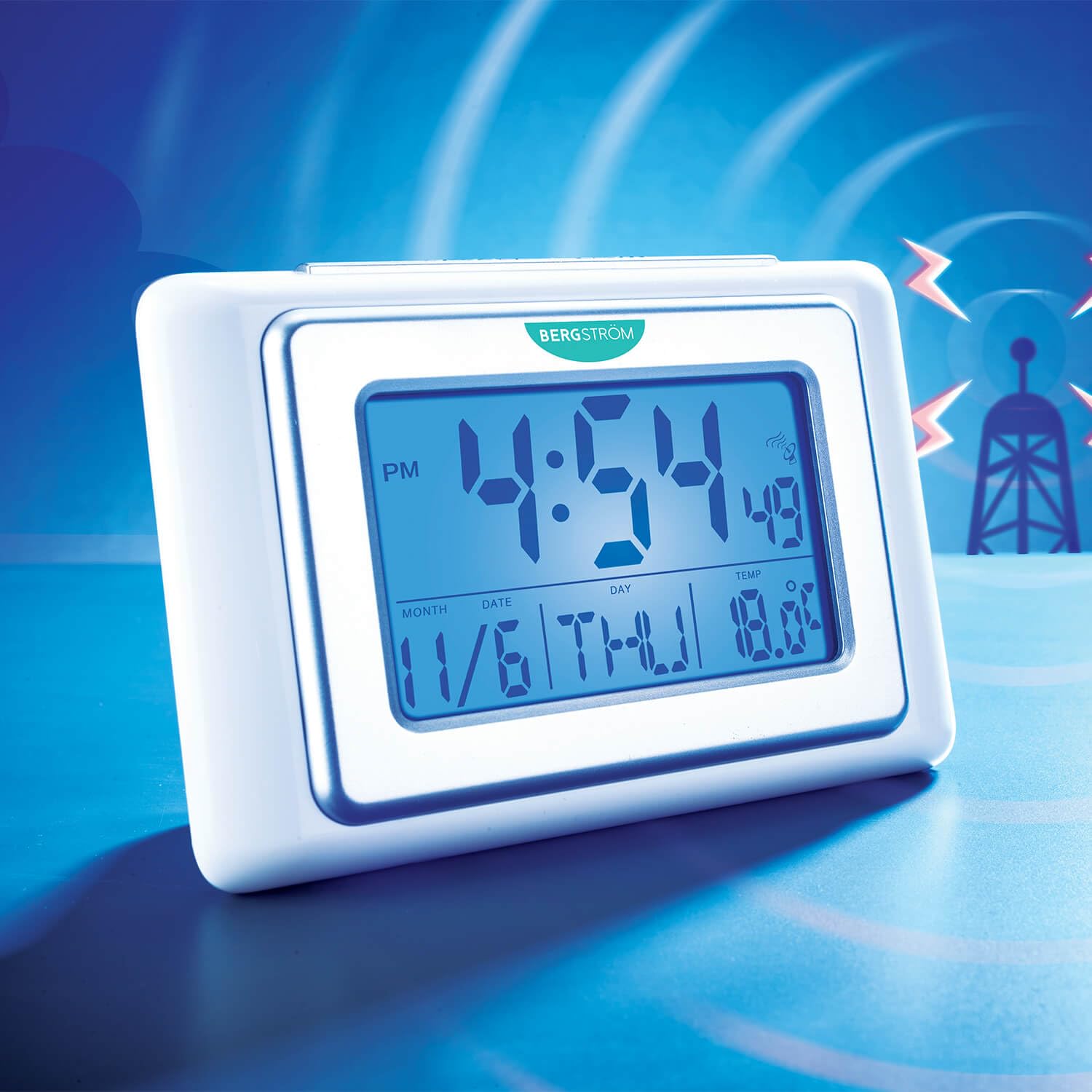 Coopers Of Stortford White & Silver Atomic Radio-Controlled Digital Alarm Clock | Backlight At Night For Temperature Time Date Day | Easy To Read