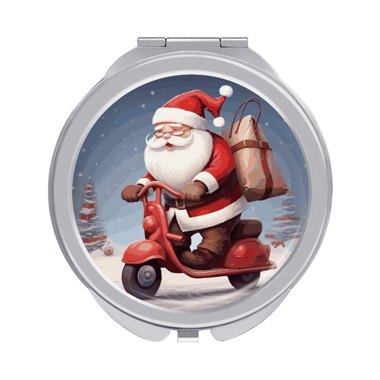 FekiLoot Santa Claus on Scooter Travel Makeup Mirror 2 X /1 X Magnifying Slim Pocket Mirrors Compact for Purse Travel Makeup Mirrors for Pocket, Handbag, Purse Women Gift