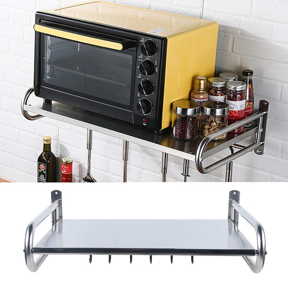 Futchoy Estantería para microondas, de acero inoxidable, con 6 ganchos, multifunción, soporte para microondas, estante de pared, 53 x 38 x 18 cm