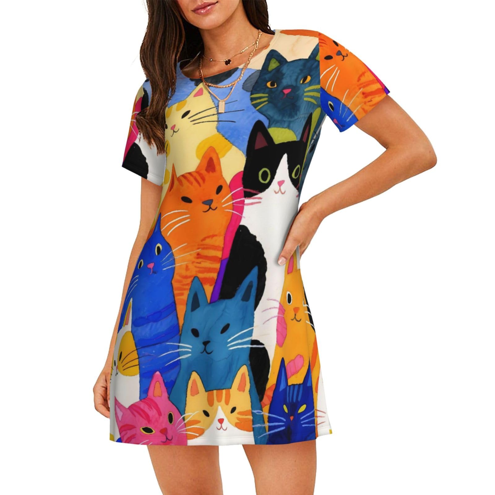 Zelinge Women's Colorful Cats Cartoon Nightgown For Sleep Tee Nightshirt Sleep Shirts Sleepwear S-3Xl, Xxl