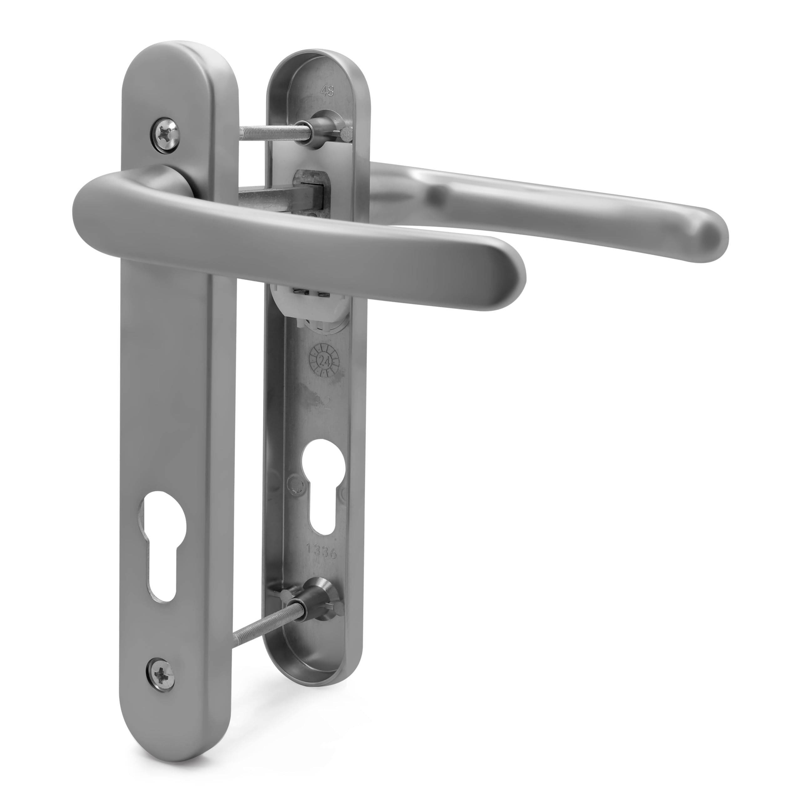 TSS UPVC Door Handle Set, 92mm PZ (Centres), Lever/Lever, Screw to Screw 160mm with Backplate 215mm x 34mm - Replacement PVC Door Handle (Silver)