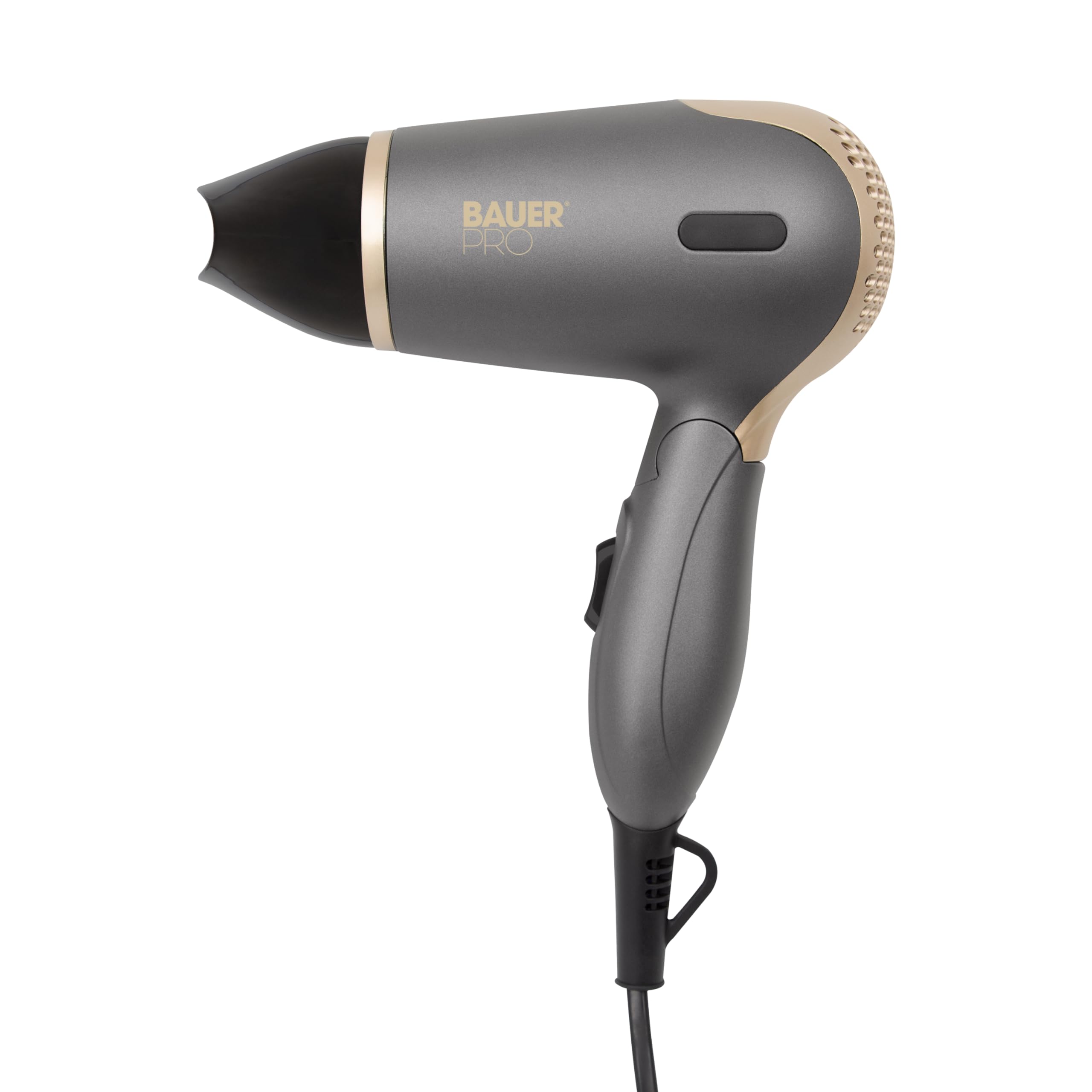 Bauer Professional 39819 TourmaPro Travel Hair Dryer Set/Folding Handle, Carry Case, Hairbrush & Comb / 2 Heat & Speed Settings/Dual Voltage/Grey & Gold