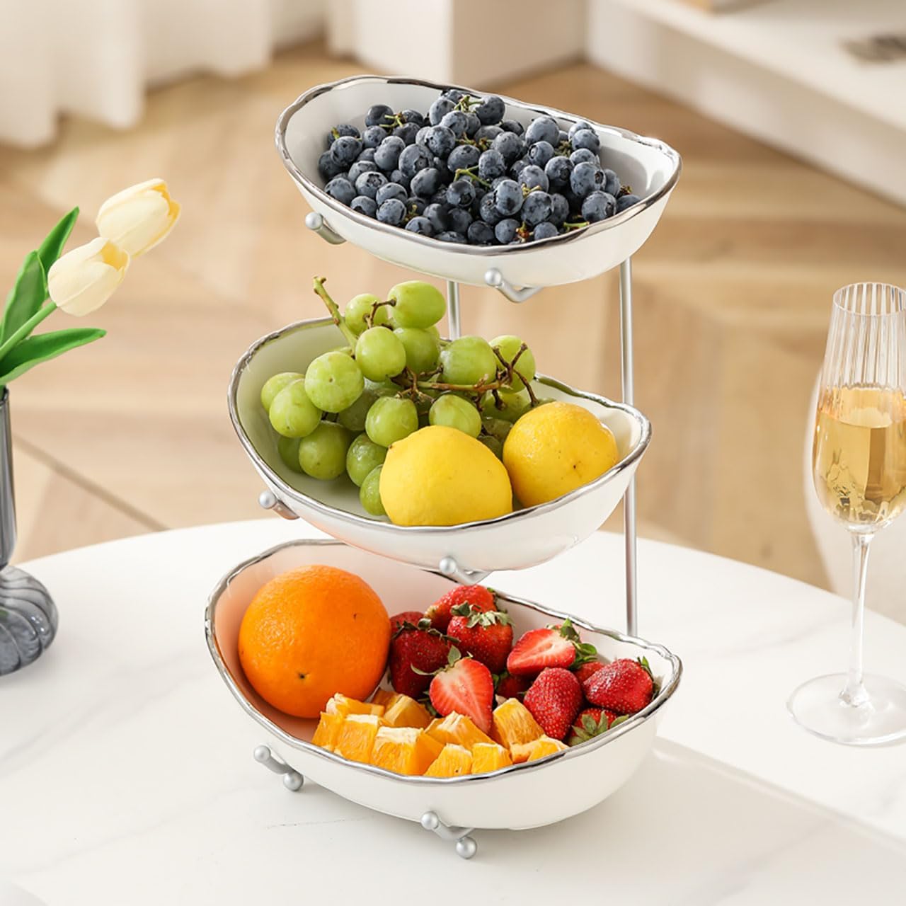 3-Tier Fruit Bowls for Kitchen Counter,Ceramic White Bowl with Sliver Metal Stand,3 Tier Fruit Basket for Fruit,Snack,Cake,Nuts,Dessert Storage