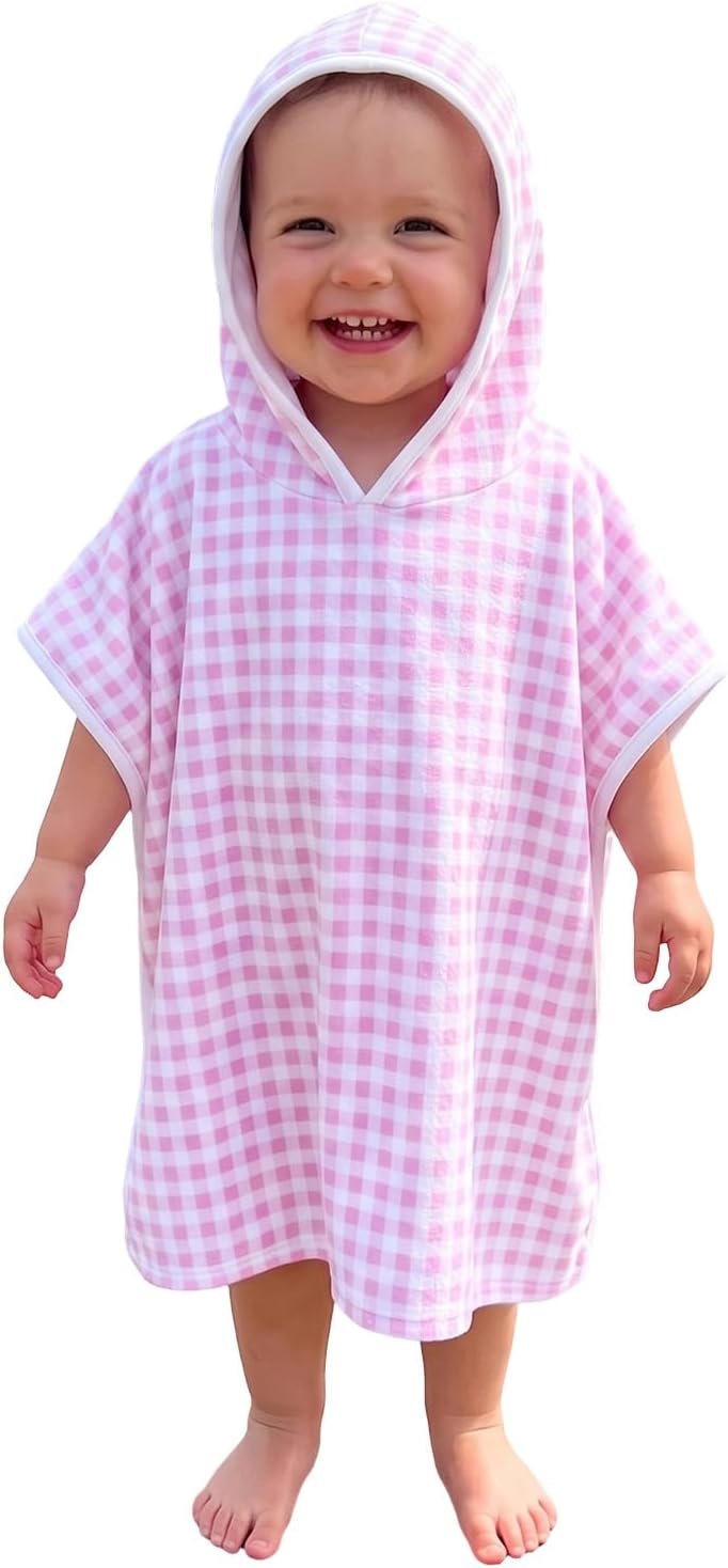 Toddler Boy Girl Gingham Swimsuit for Kid Baby Plaid Hooded Poncho Towels Stripe Print Terry Swim Cover Up Beachwear