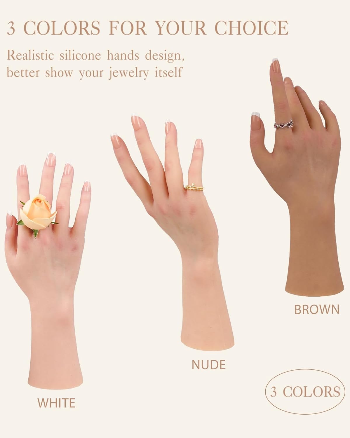KUMIHO Realistic Silicone Female Hand Model Fake Hand for Jewelry Display Tattoo Training Practice Art Sketch with Nails, Left Hand - with Skeleton, Brown