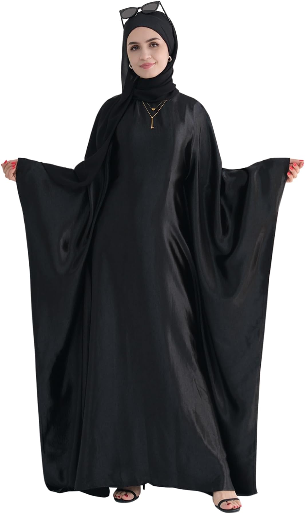 Abaya Muslim Dress Women Satin Prayer Dress Batwing Long Sleeve Middle East Arabian Robe with Hijab