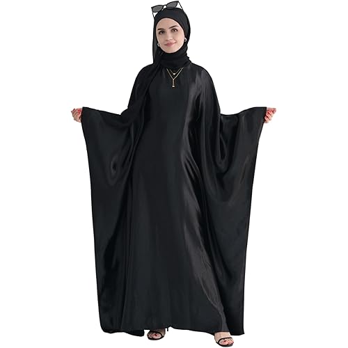 khalat Abaya Muslim Dress Women Satin Prayer Dress Batwing Long Sleeve Middle East Arabian Robe with Hijab
