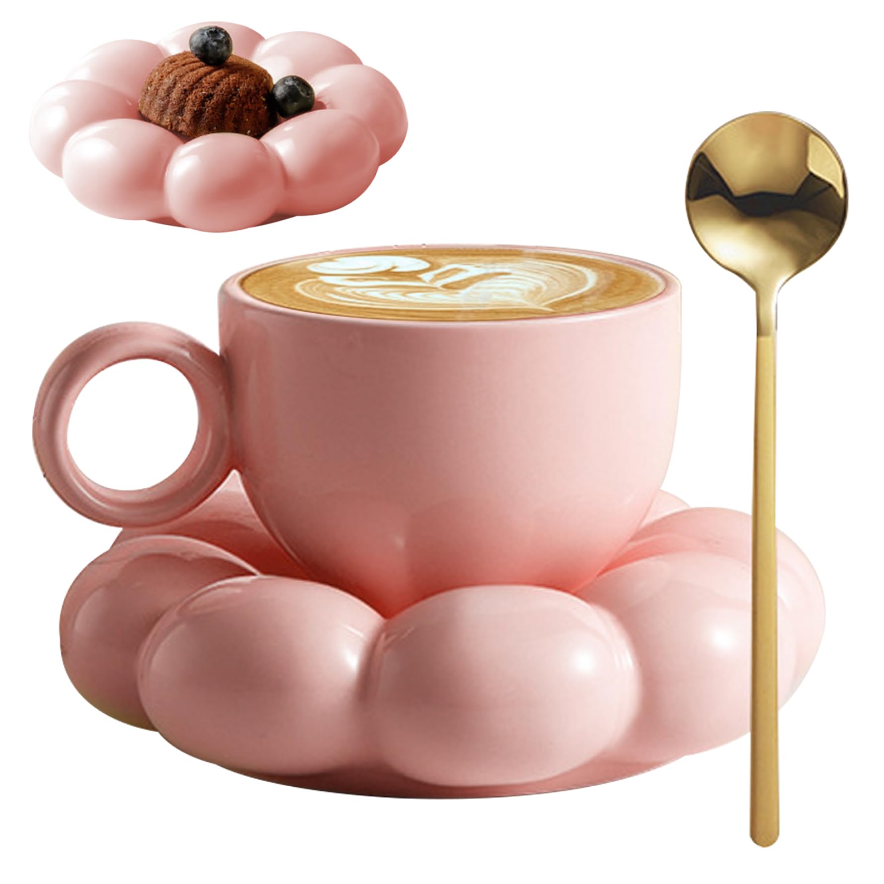 Taza de café de cerámica rosa con platillo de nube para tus mañanas de cappuccino