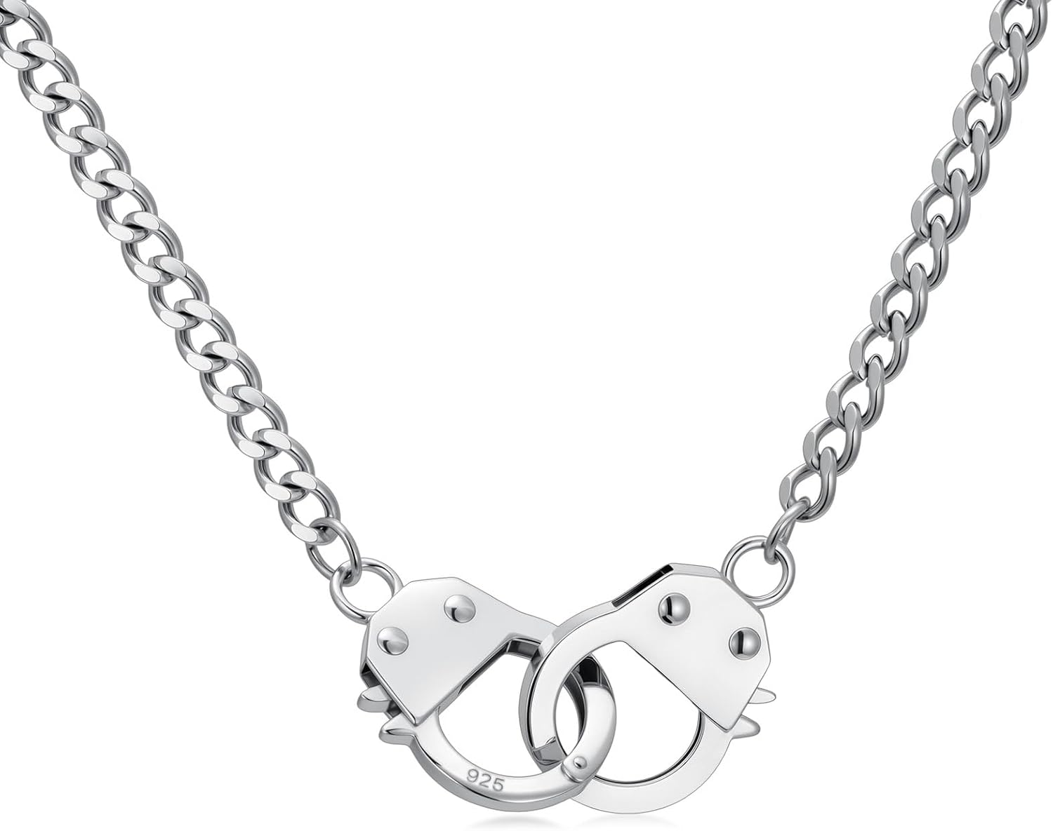 925 Sterling Silver Handcuff Choker Necklace - 2 Styles (Sterling Silver/Stainless Steel Chain) - Hypoallergenic Minimalist Jewelry for Women & Men, Punk Biker Fashion