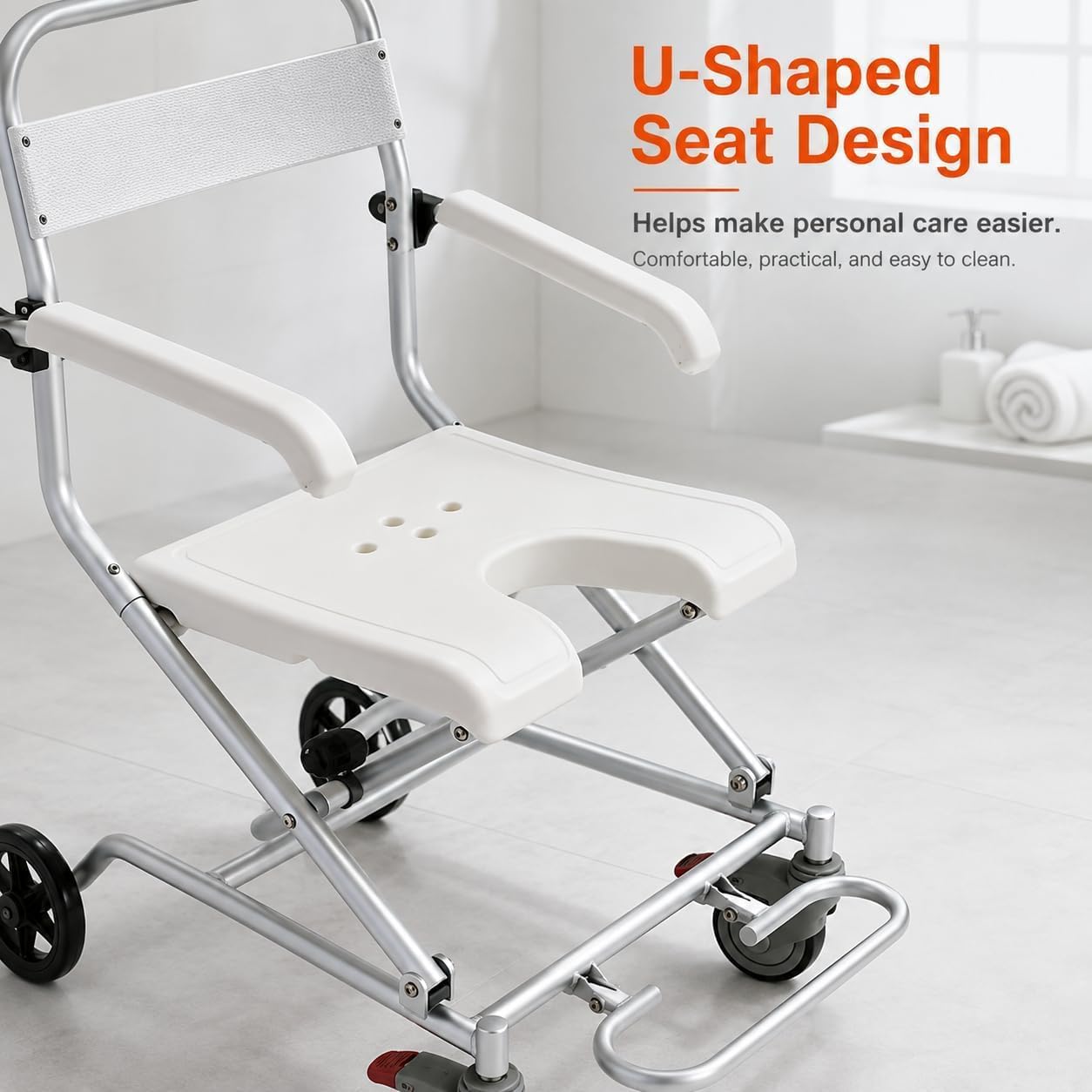 Silla de ducha plegable con brazos abatibles y respaldo ergonómico