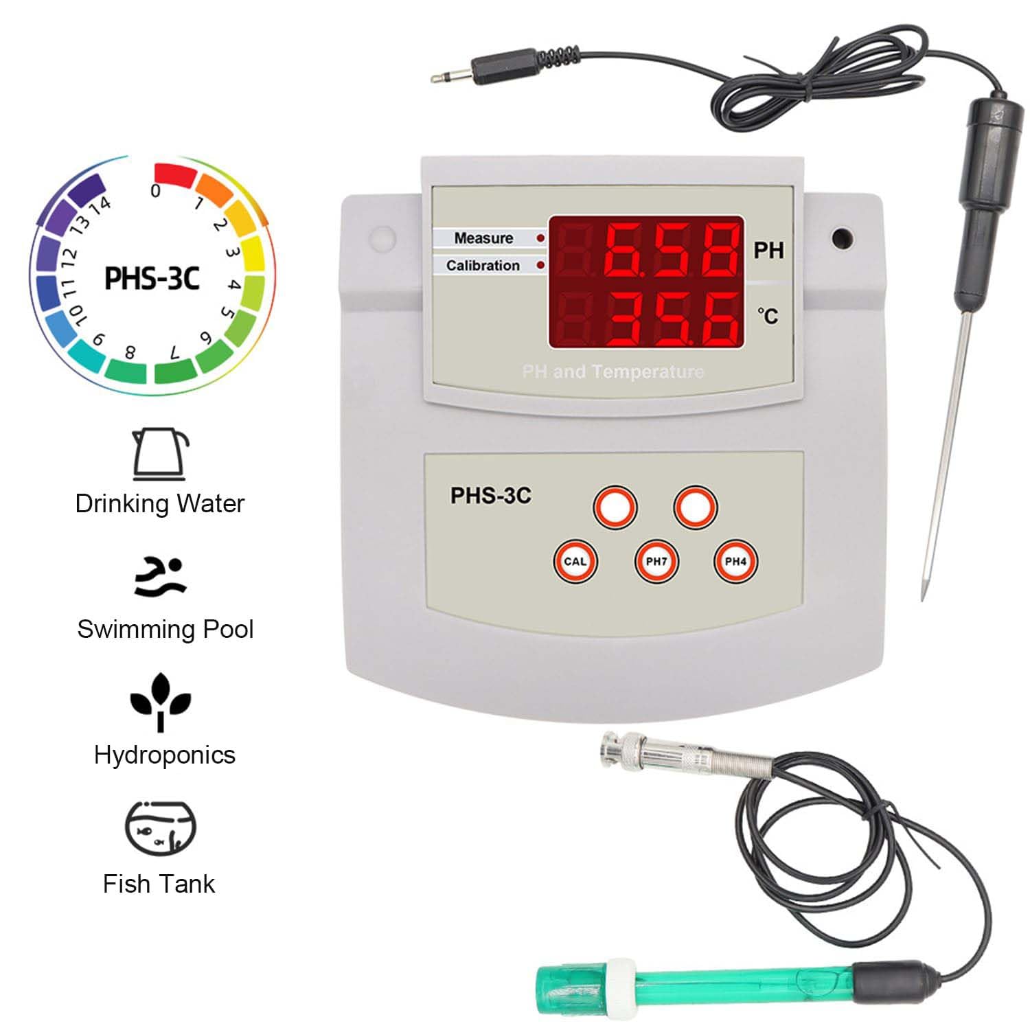 Comprobador de temperatura PH/2 en 1, calibración automática digital de precisión 0.01, 0-14 pH/0-100 ℃, compensación automática de temperatura, pantalla LED para acuario, laboratorio, piscina