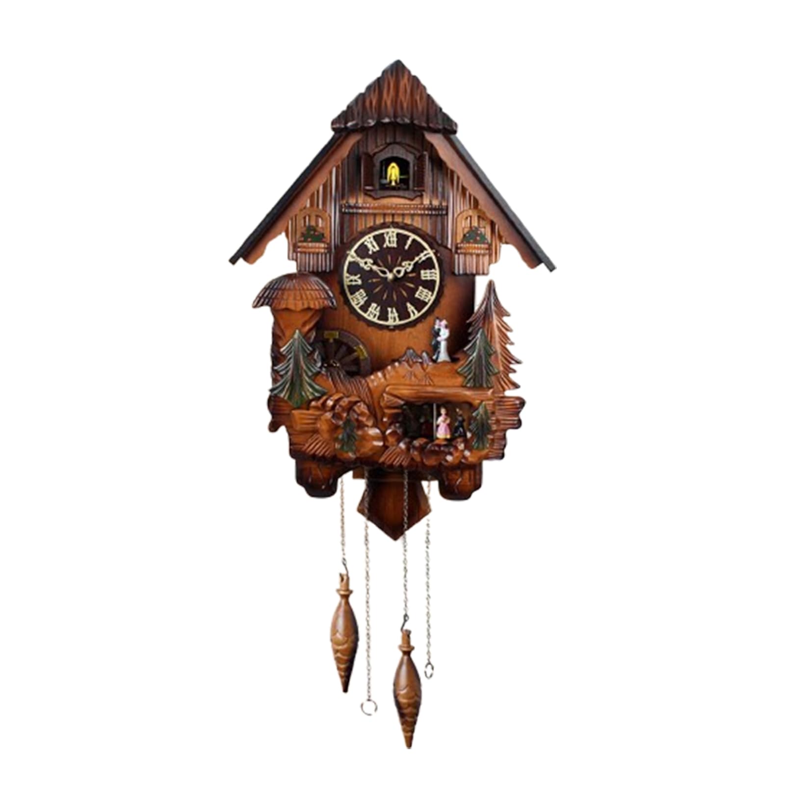 LIANZHUANG Wooden Cuckoo Clock with Bird Chirping & Dancing & Music, Wall Clock Battery Operated, Vintage Pendulum Clock for Home Decoration,D