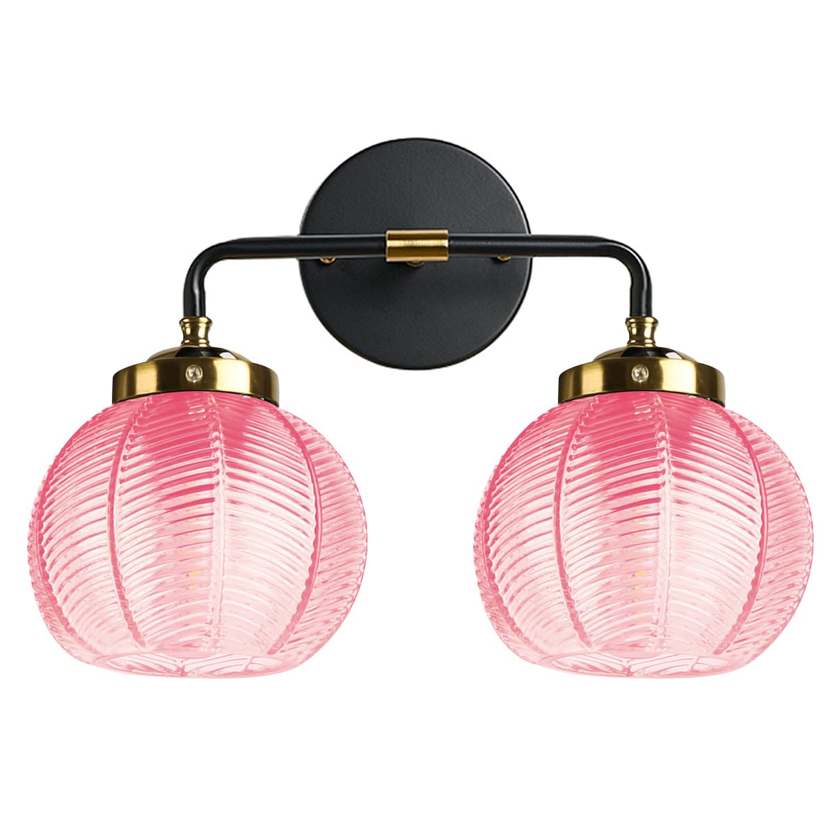 Modern Vanity Light Pink Bathroom Decor Black Bathroom Light Fixture | 2-Lights Ribbed Glass Shade Vintage Vanity Lights Gold Lighting fixture for Over Mirror Cabinet Bedroom Hallway Kitchen