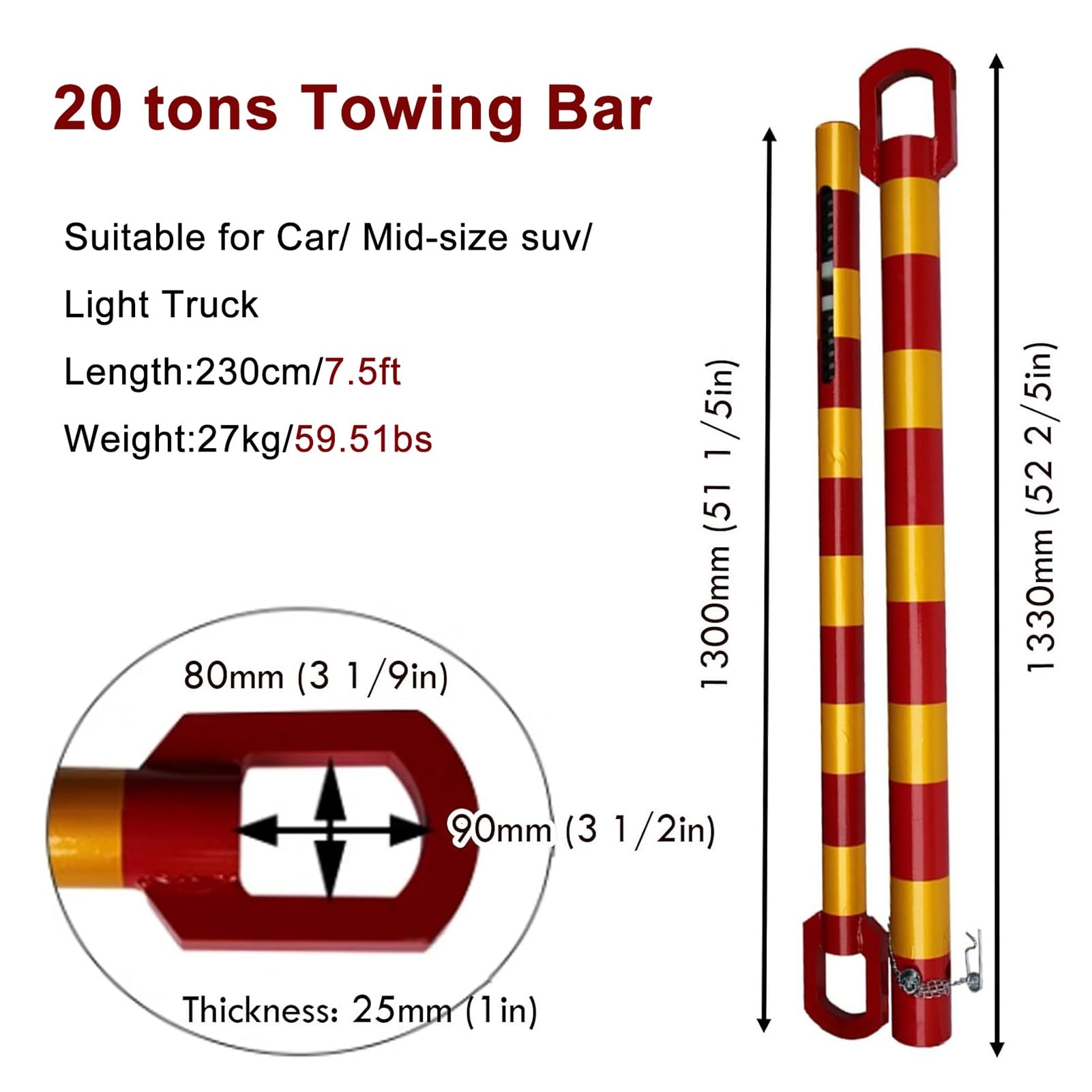 Bar ciągnący ciężkiej pracy awaryjnej, Tow Bar 3-50 Ton Capacity 3-8ft Adjustable Lengths(Load 20 tons)