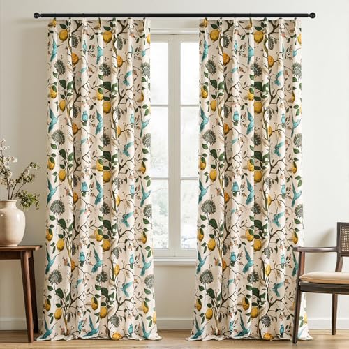 Image of Beige Botanical Print Pinch Pleat Curtains 90 Inches Long,Floral Hummingbird Patterned Drapes for Living Room Bedroom Office Classroom Farmhouse Neutral Home Decor, 2 Panels (40 x 90)
