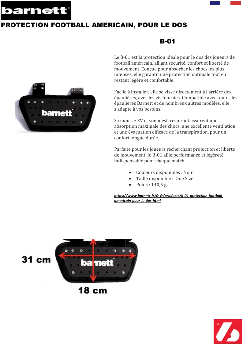 Barnett Protecteur dorsal B01 football américain Noir Taille unique