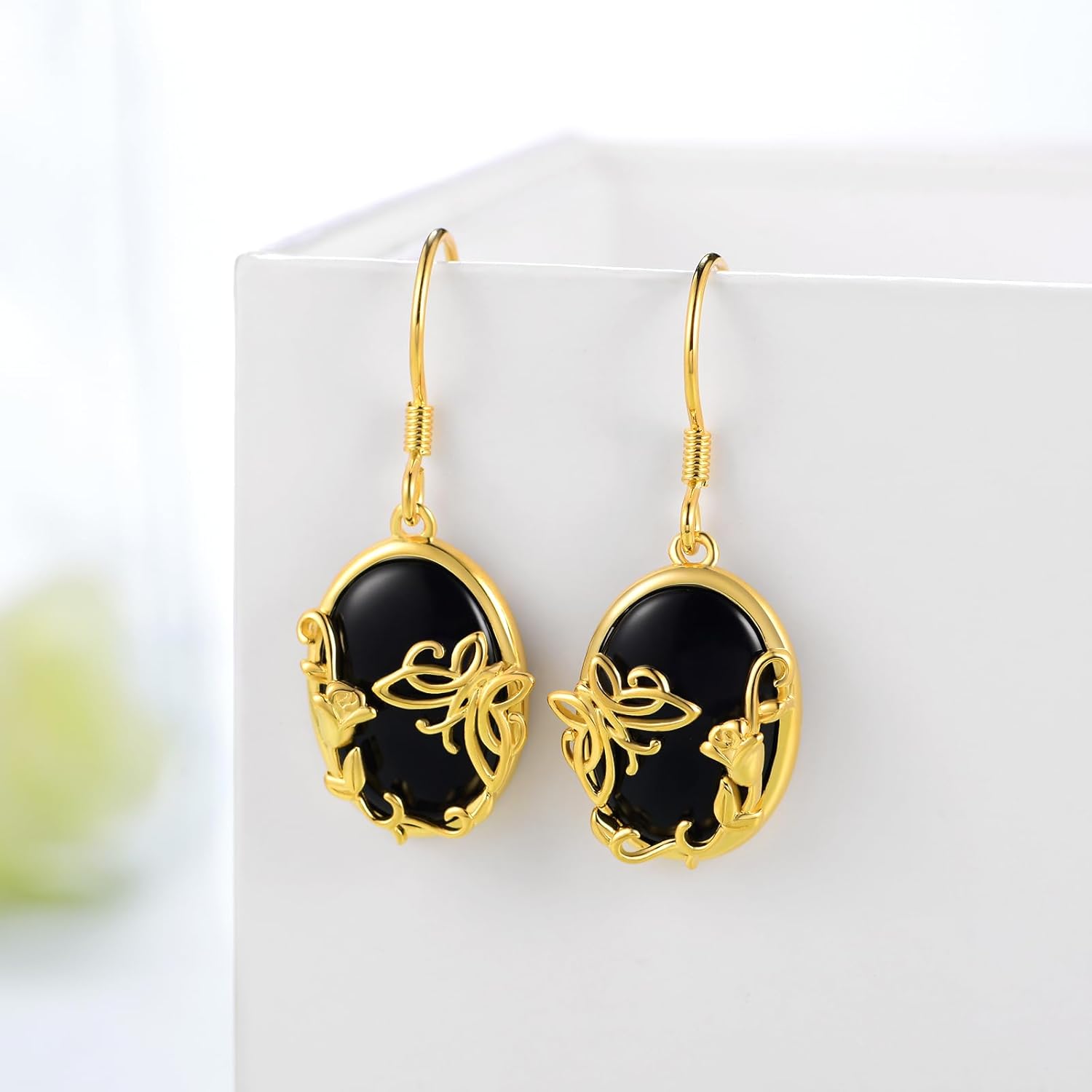 14K Yellow Gold Hummingbird/Butterfly Earrings 925 Sterling Silver Hummingbird/Butterfly Black Onyx Dangle Earrings Birthday Jewelry Gifts for Women - Image 6