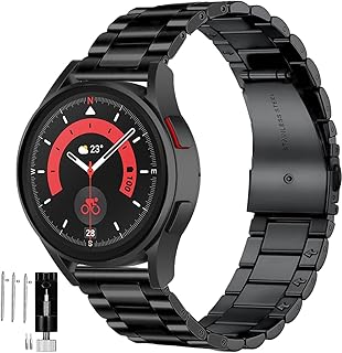 Galaxy Watch 5 Pro 45mm Bands/5 Band 40mm 44mm, GARTOO 20mm Metal Stainless Steel Watch Strap Replacement Compatible with Samsung Galaxy Watch 4 40mm 44mm/4 Classic for Men Women (Black)