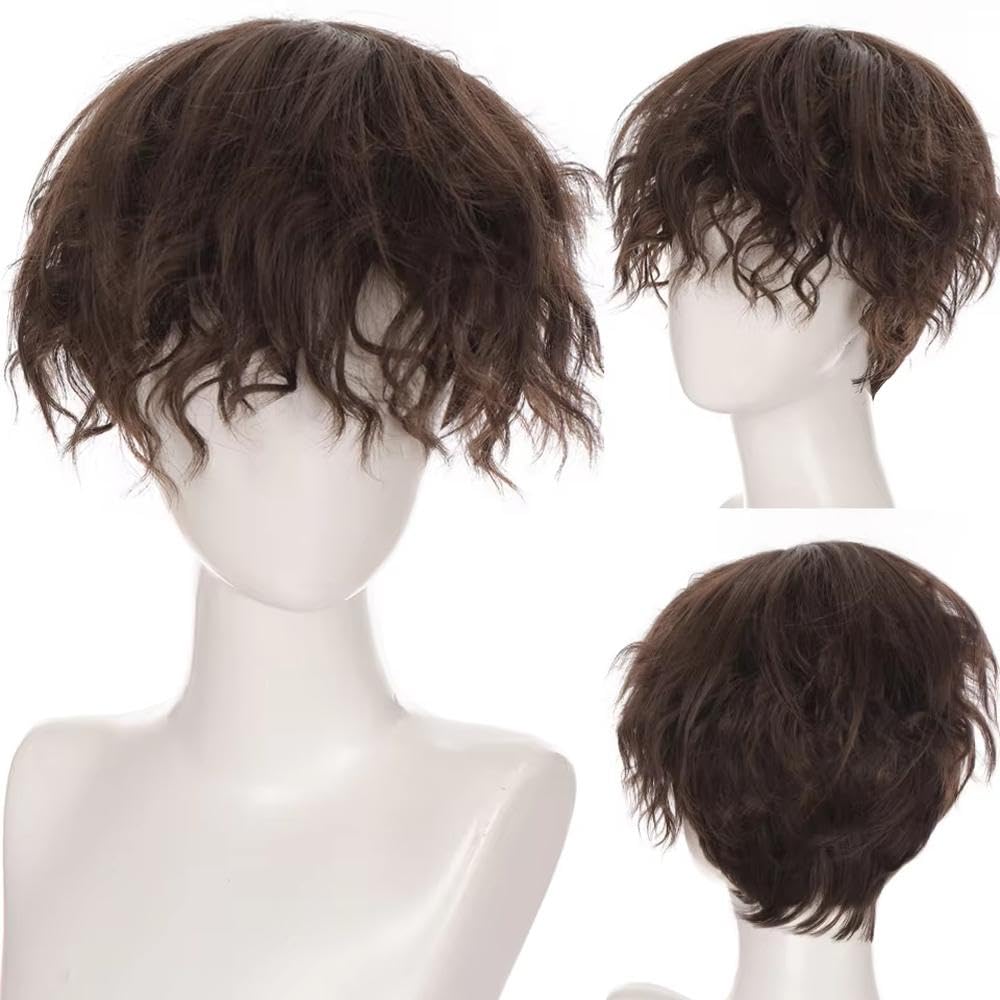 Accesorios Pelucas Peluca Pelo Rizado Onda Corta Marrón Negro Para Hombres Pelucas Uso Diario Fiesta(Brown)