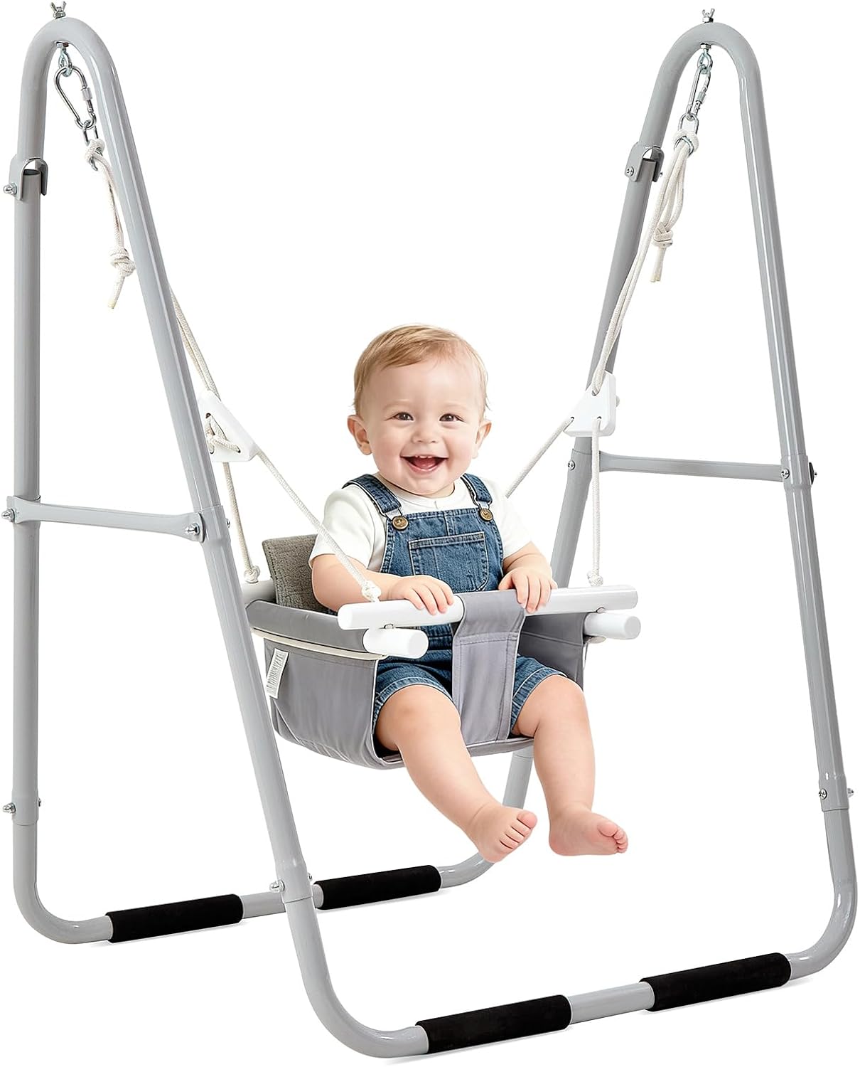 FUNLIO U-Shape Swing Set for Toddlers 6-36 Months, Heavy Duty Metal Frame with 2 Sandbags & 4 Anti-Slip Pads, Easy to Assemble & Store, Foldable & Portable Toddler Swing for Indoor/Outdoor-Gray