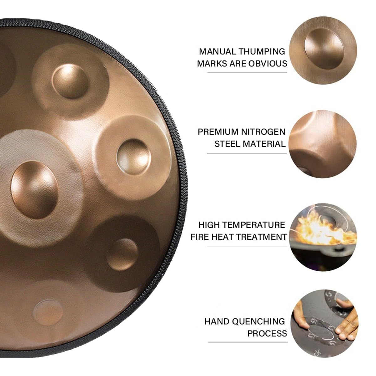 Handpan 22 Pulgadas Tambores de Mano en Re Menor 9/10/12 Notas Instrumento de Tambor de Acero handpan professionale 432Hz/440Hz para Meditación, Musicoterapia(Gold,10 Notes(432Hz))