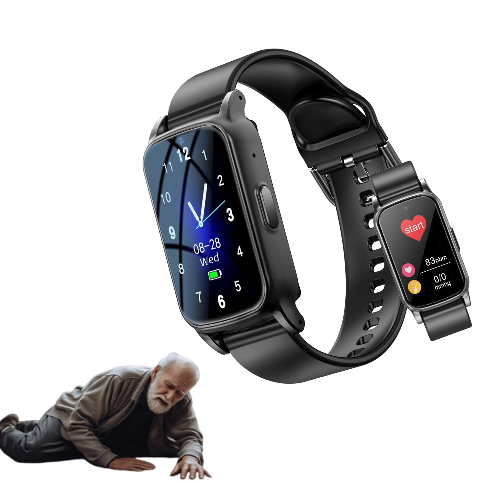 Montre intelligente avec détection de chute pour senior avec SOS et GPS, montre pour personnes âgées avec surveillance de la santé, étanche IP67, bracelet d'alerte d'urgence pour Thanksgiving