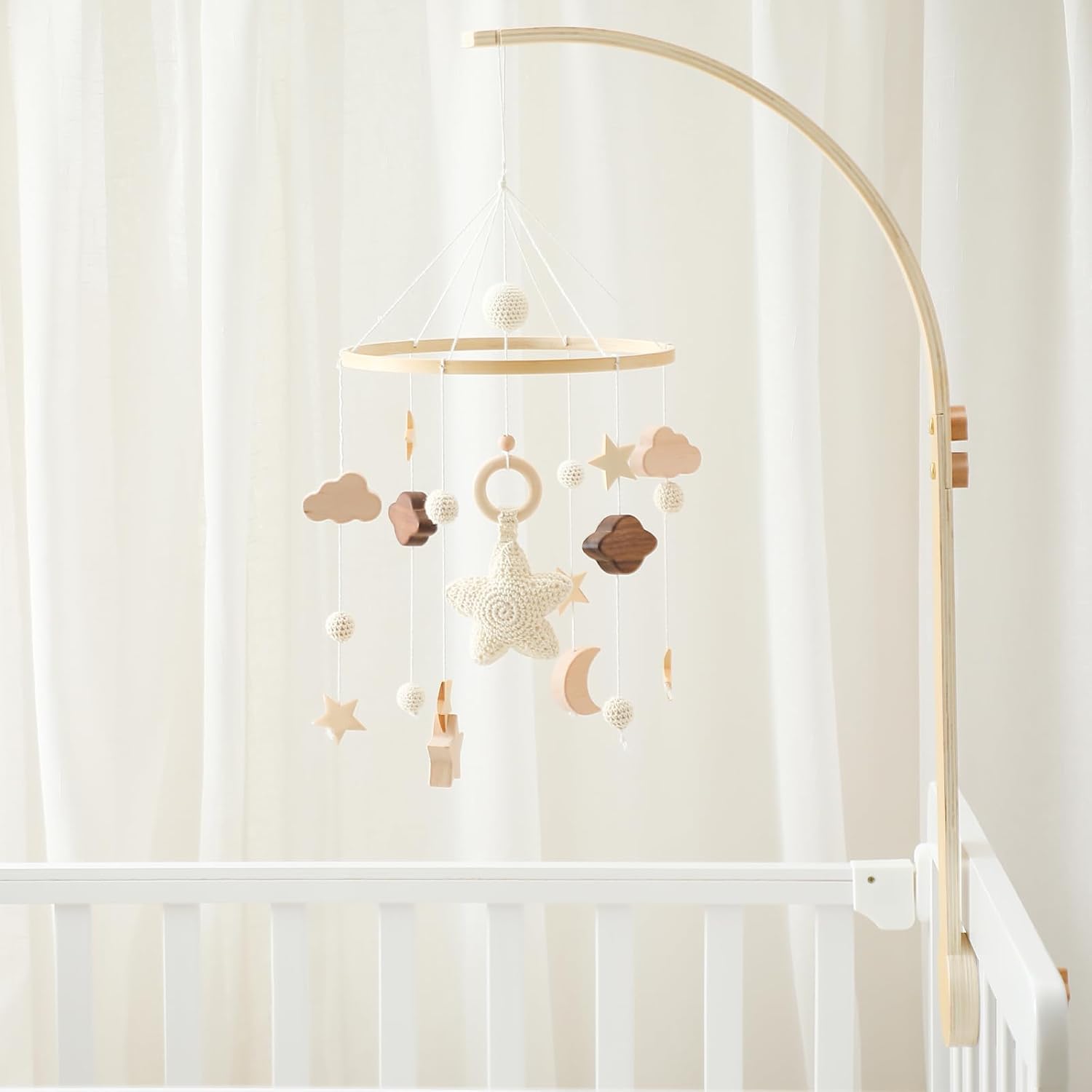let's make Baby Crib Mobile with Arm Boho Star Moon Nursery Mobile Set Wooden Baby Mobile Holder for Hanging Nursery Decor Ceiling Mobile
