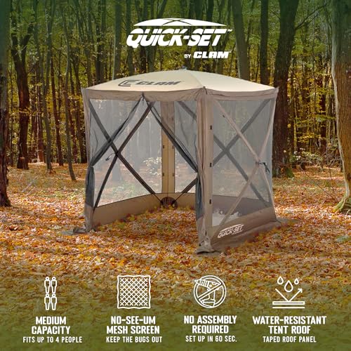 CLAM Quick Set Traveler 6 by 6 Foot Portable Pop Up Outdoor Camping Gazebo Screen Tent 4 Sided Canopy Shelter with Carry Bag and Wind Panel, Brown