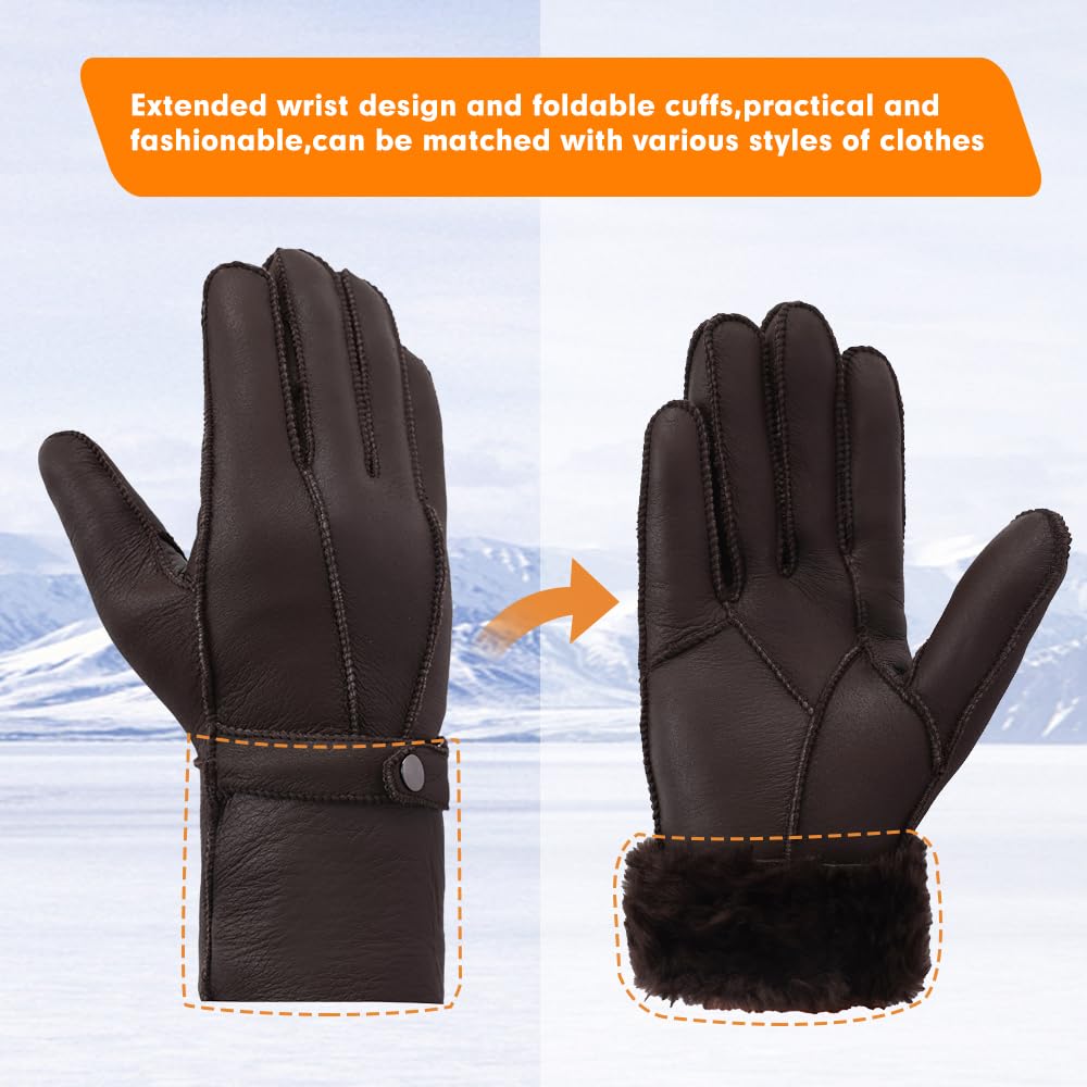 MGGMOKAY Uomo Guanti Shearling Uomo Caldo Inverno Cuoio Shearling Guanti di Pelle di Pecora