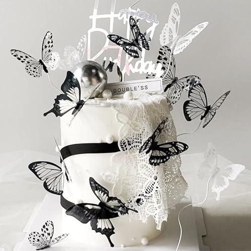 Whaline 24Pcs 3D Butterfly Cake Toppers Pvc Butterfly Cupcake Topper With Sliver Acrylic Food Sticks, Black White Arts Butterfly Shape Cake Picks For Birthday Party Cake Decorations Supplies #TOP17