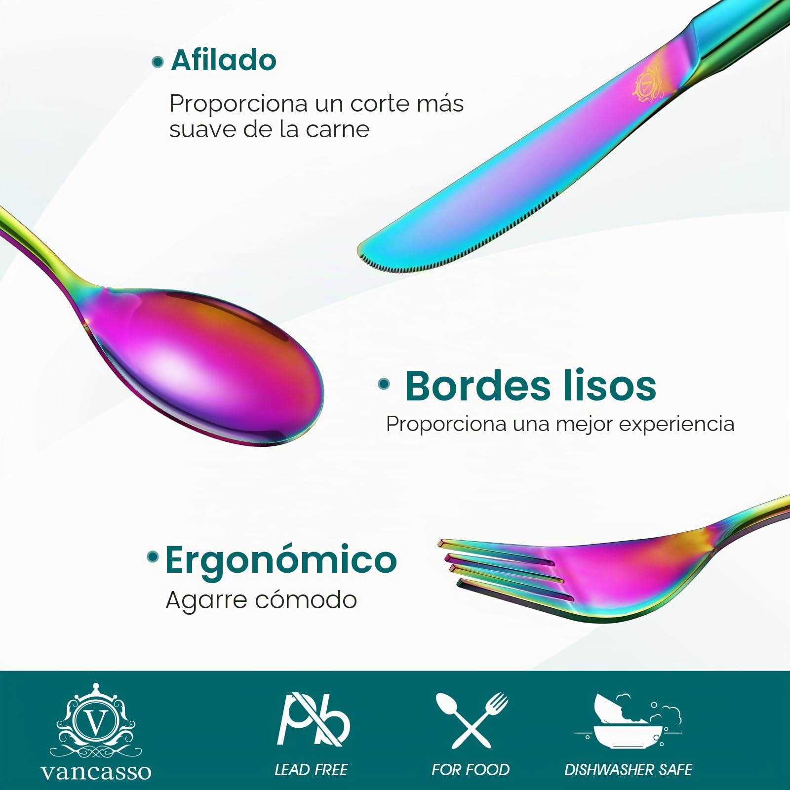 Vancasso - Cubertería (48 piezas, acero inoxidable, cubiertos de mesa, punta cuadrada, servicio de cubiertos, 12 personas, incluye 1 cuchillo, 1 tenedor, 2 cucharas, lavable en lavavajillas, mulicolor