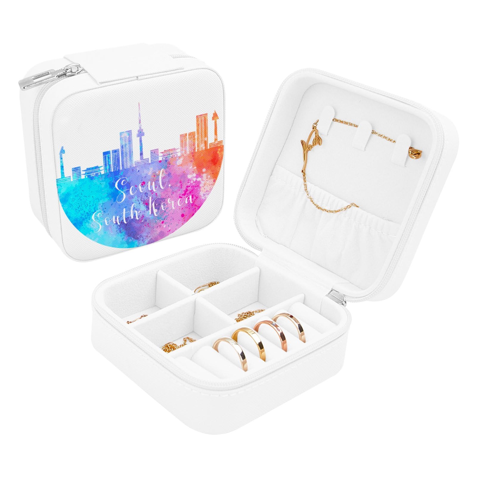 South Korea Seoul Leather Jewelry Boxes for Women Valentine's Day Travel Jewelry Box Organizer Watercolor Skyline Travel Jewelry Organizer for Women Girls Travel Gifts for Girlfriend