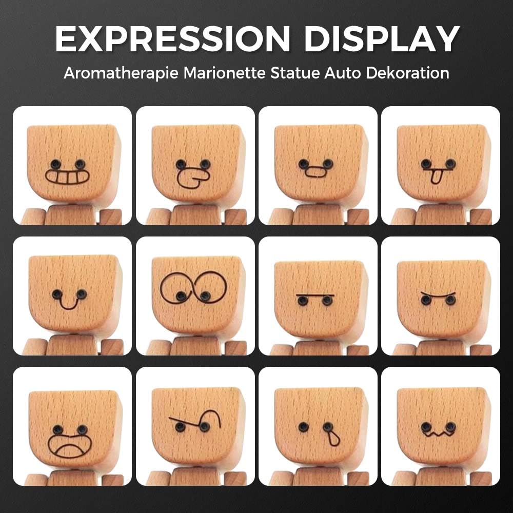 Wackelnder Holzmann Mit 12 Gesichtern - Lustige Auto-Deko Mit Magnet-Faces