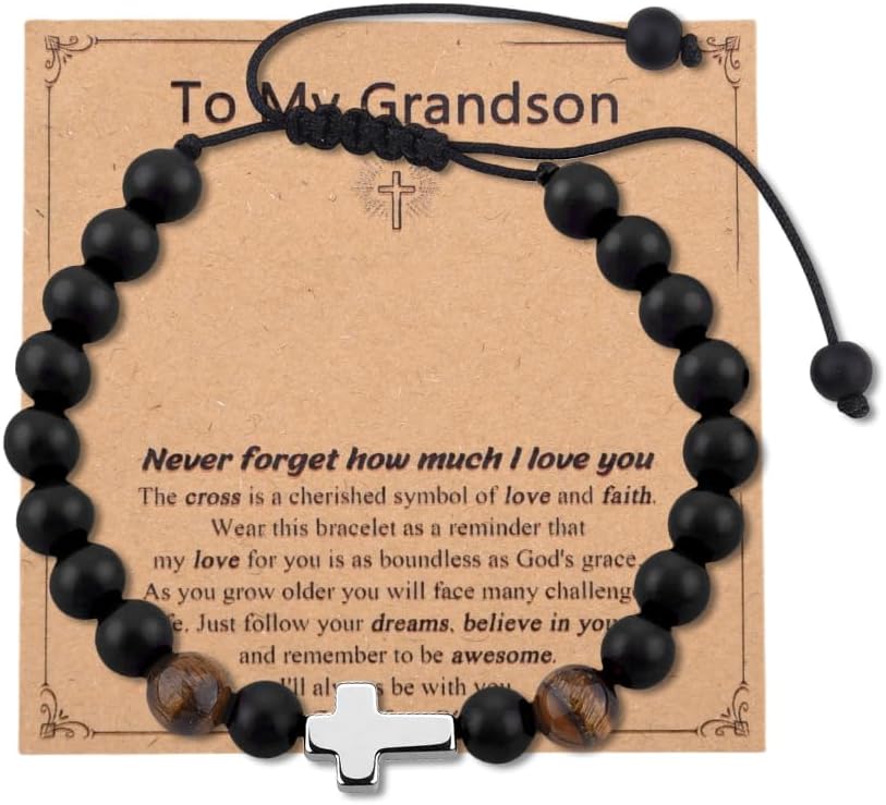 Christmas Gifts for Men Christian Grandson Son Birthday Gift for Men Catholic Cross Bracelet with Inspirational Card