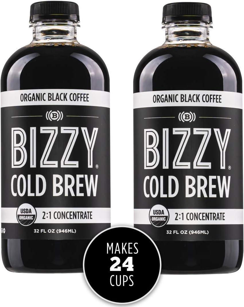 Bizzy Organic Cold Brew Coffee | Concentrate | Makes 24 Cups | Unsweetened & Sugar Free | Perfect for Iced Coffee |32 Fl Oz (Pack of 2)