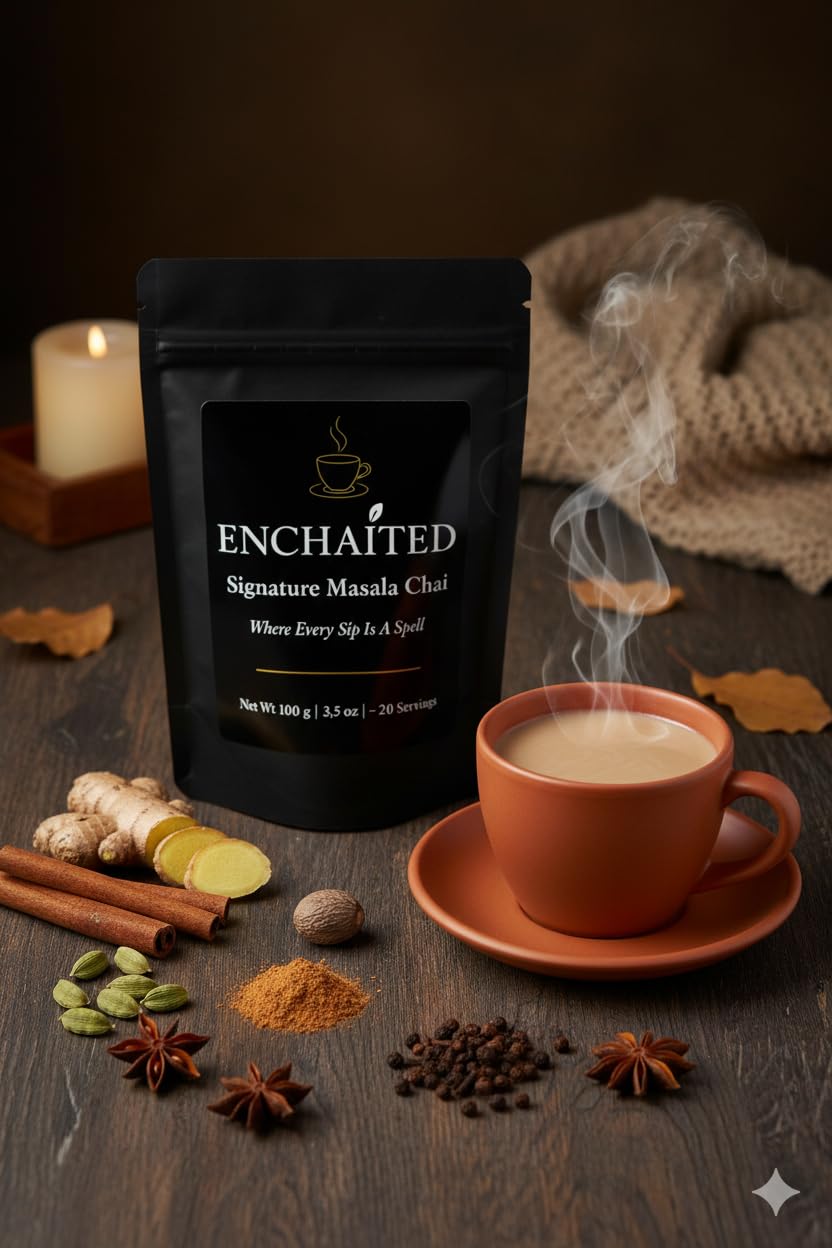 ENCHAITED Authentic Masala Chai Loose Leaf Tea - 100g | Bold Coffee Alternative for Morning Energy | Makes 20-40 Cups | Premium Assam Black Tea with 7 Real Indian Spices | Traditional Masala Chai Blend