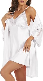 Women's Silk Pajama Sets Satin Robe with Nightgown 2 Piece Sleepwear Sexy Lace Cami Nightwear Kimono Bridesmaid Robes