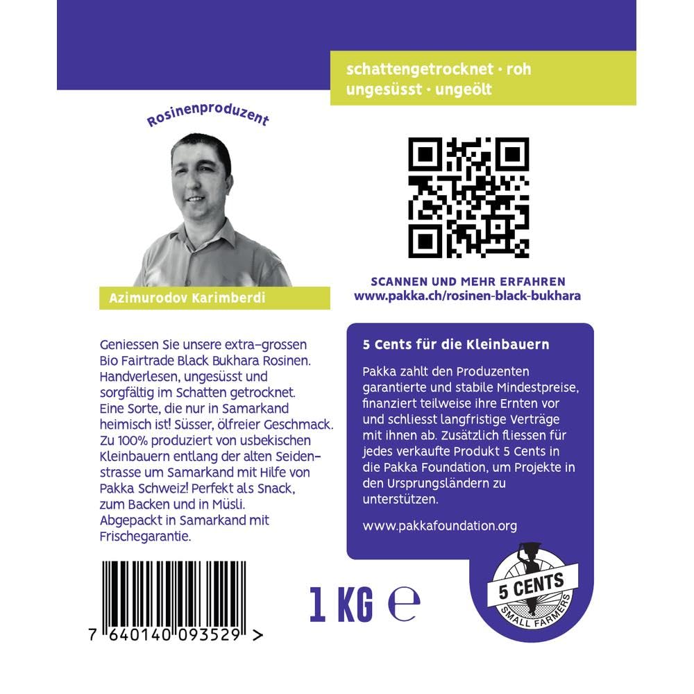 PAKKA - Raisins secs noirs de Boukhara Bio Fairtrade Max Havelaar 1kg sans pépins, séchés à l'ombre ombragés, non huilés, aliments crus, sans timidité, directement auprès de petits agriculteurs 1000g