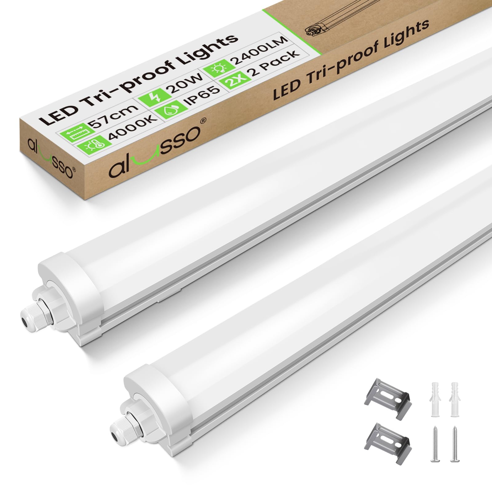 ALUSSO 2 Stück LED Feuchtraumleuchte 60CM, 20W 2400LM LED Röhre 4000K, IP65 Wasserfest Feuchtraumlampe Werkstatt Deckenleuchte für Garage,Keller,Werkstatt,Feuchtraum,Bad,Büro,Warenhaus