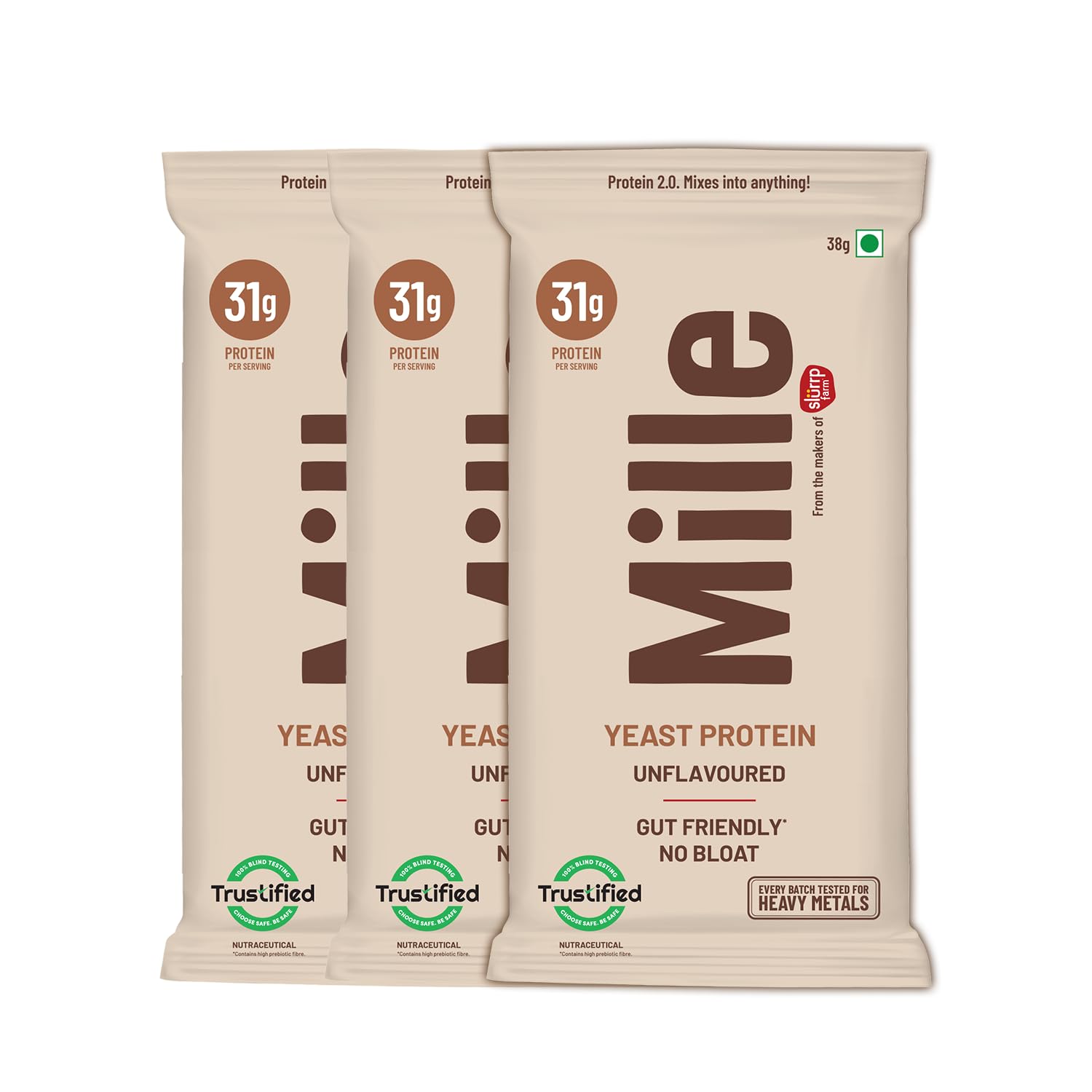 Mille Plant Protein | 31g Protein/Scoop | Unflavoured Trial Pack of 3 | Made with Fermented Yeast Protein Powder | No Bloat Vegan Heat-Stable | Has All 9 Essential Amino Acids | Mixes into Any Dish | 38g Trial Pack x 3