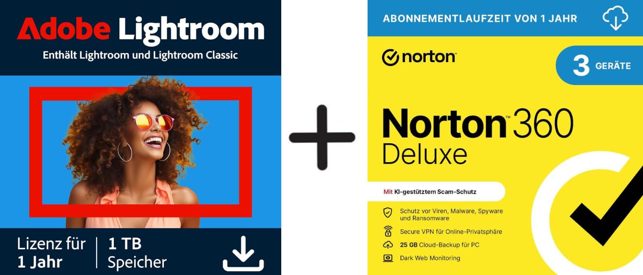 Adobe Lightroom inkl. Lightroom Classic 1 TB |KI-gestützter Foto-Editor |1 Jahr + Norton 360 Deluxe 2026 | 3 Geräte | 1-Jahres Abonnement mit automatischer Verlängerung | Aktivierungscode per Email