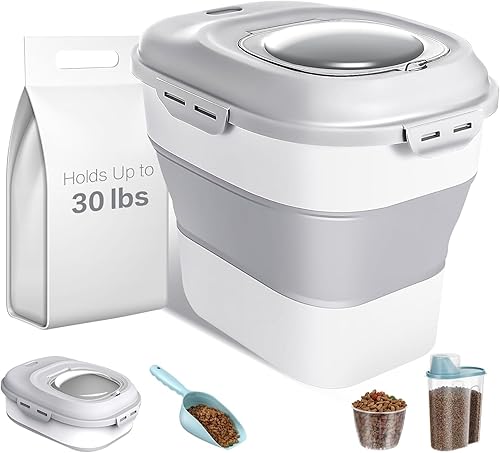 Contenedor de almacenamiento de alimentos para perros, hasta 30 libras, plegable, con tapas herméticas, cuchara y contenedor pequeño de