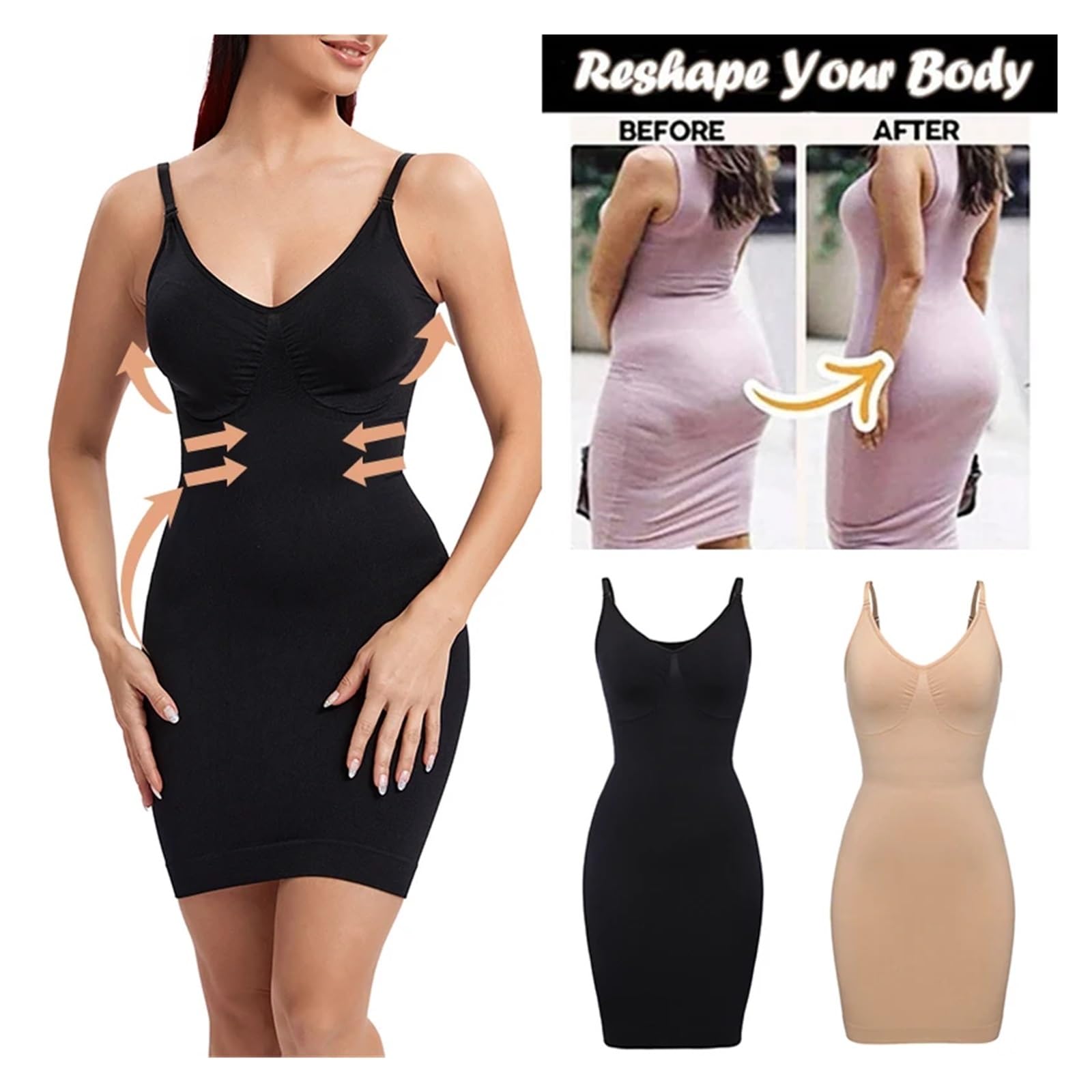 Fond De Robe Invisible Robe Moulante à col en V for Femme, sous-vêtement Moulant, à Compression Douce, Amincissant, Taille, Ventre Plat, Corset Sexy(Nude,L)