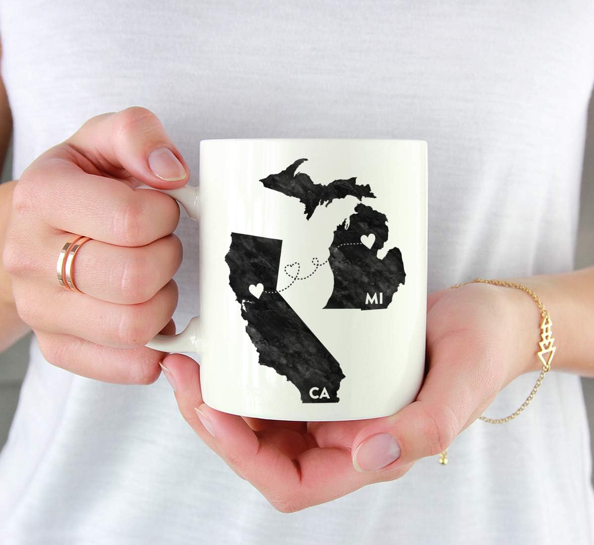 Andaz Press 11oz. Coffee Mug Long Distance Gift, Michigan and California, Black and White Modern, 1-Pack, Moving Away Graduation University College Gifts for Him Her Relationships
